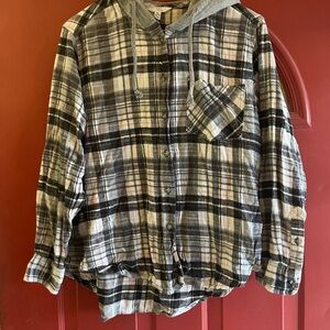 Time and Tru Black and White Plaid Shirt with Hood